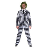 Beetle Time Black & White Stripe Mens Costume, stripe jacket, pants and black tie.