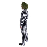 Beetle Time Black & White Stripe Mens Costume, stripe jacket, pants and black tie.