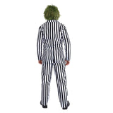 Beetle Time Black & White Stripe Mens Costume, stripe jacket, pants and black tie.