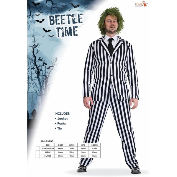 Beetle Time Black & White Stripe Mens Costume, stripe jacket, pants and black tie.