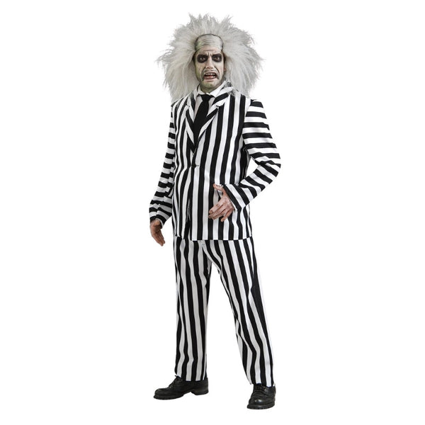 Beetlejuice Deluxe Adult Costume, black and white stripe jacket and pants, plus black tie.