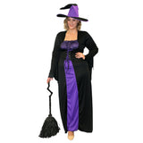 Bewitched witch costume in plus size, lace up at bust, black and purple full length with matching hat.