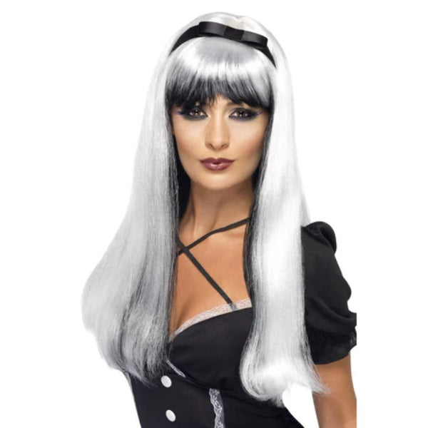 Bewitching Wig, White & Black, long with fringe black underneath and white on top with back headband.