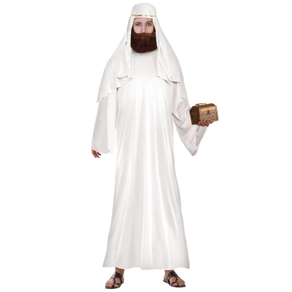 Biblical Times White Wiseman Adult Costume, white long robe and matching headdress.