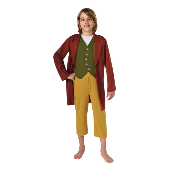 Bilbo Baggins Deluxe Child Costume, long jacket in brown, jacket has attached vest and 3/4 pants in mustard.