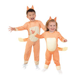 Bingo costume for toddlers, orange jumpsuit with digitally printed spots and headband.