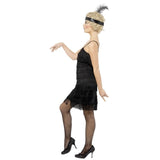 Black Flapper Dress, fringing on back and front with head piece, shoe string strap.