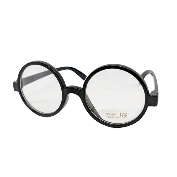 Black Round Rimmed Glasses with clear lenses, plastic rim.