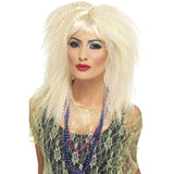 Blonde 80's Trademark Crimp Wig, sits below the shoulders with straight fringe.