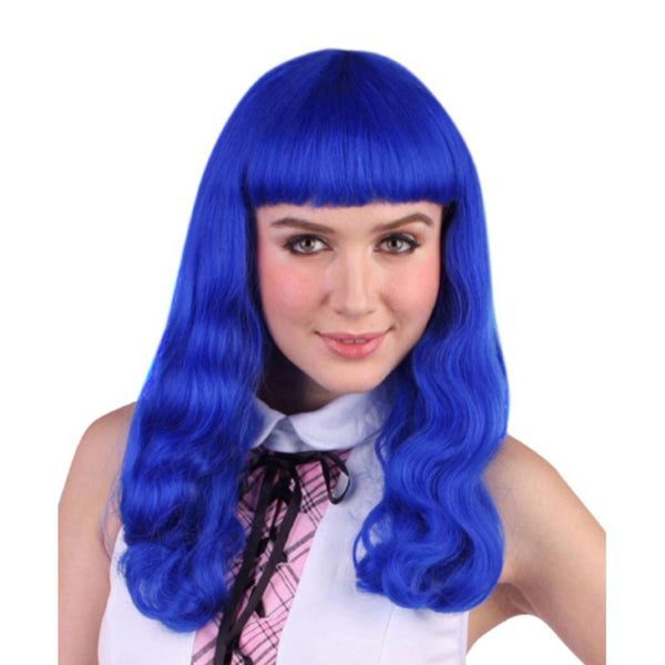 Blue katy wig is long with fringe and soft curls.