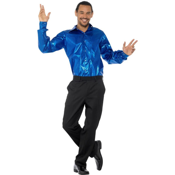 Blue Sequinned Disco Shirt, electric blue shirt, long sleeves perfect for 70's and 80's parties.