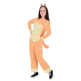 Bluey Chilli Adult Costume, orange jumpsuit digitally printed spots, attached tail and headband.