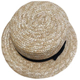 boater hat straw with black band.