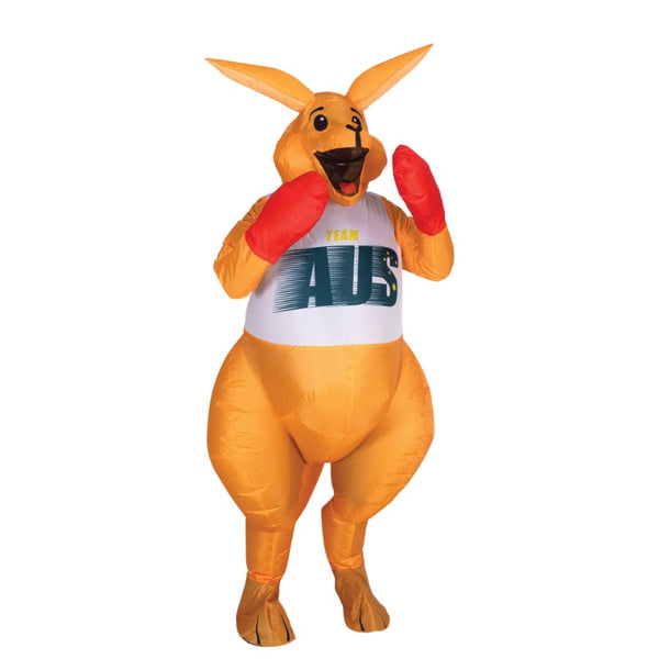 Boxing Kangaroo Inflatable Costume - Adult, covers from head to toe, includes "AUS team" print, red boxing gloves.