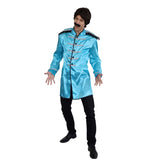 British Jacket  Blue Mens Costume, long satin jacket with epalets and silver braid trim.