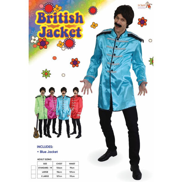 British Jacket  Blue Mens Costume, satin long jacket with silver braid and fringed epalets.