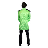 British Jacket  Green Mens Costume, long satin jacket with silver braid and fringed epaulettes.