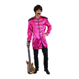 British Jacket  Pink Mens Costume, long pink satin jacket with epaulets and braid trim on chest and sleeves.