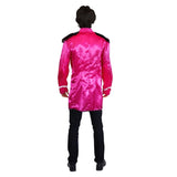 British Jacket  Pink Mens Costume, long pink satin jacket with epaulets and braid trim on chest and sleeves. Fitted seams at the back.