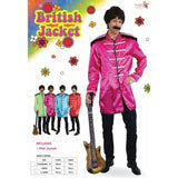 British Jacket  Pink Mens Costume, long pink satin jacket with epaulets and braid trim on chest and sleeves.