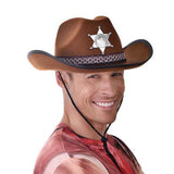 Brown sheriff hat with braid band, sivler sheriff badge and chin strap. adult size.