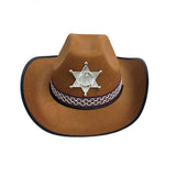 Brown sheriff hat with braid band, sivler sheriff badge and chin strap. adult size.