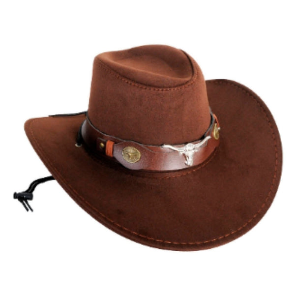 Brown Suede Cowboy Hat w/ Animal Decor Band, adult size, cord and toggle.