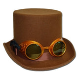 Brown Top Hat with Goggles, tall top hat with gold goggles, adult size.