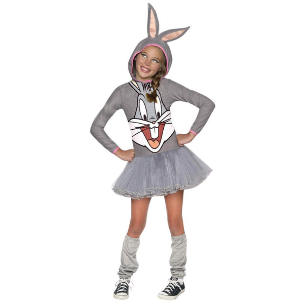 Bugs Bunny Girls Hooded Costume, long sleeve dress with bugs image on bodice, attached hood with ears and tutu skirt.