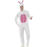Front view of the unisex Bunny Adult Costume featuring a white fluffy jumpsuit with an attached hood, pink tummy panel, and full-body coverage for a cute and cozy look.