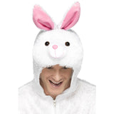 Close-up view of the Bunny Adult Costume hood, featuring a bunny face with embroidered eyes, nose, and mouth, along with upright pink-lined ears for a playful and adorable appearance.