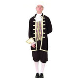 Captain Cook costume, black long coat with gold trim, dickey with jabot and knee length pants.