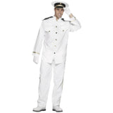 Sailor Captain Suit, mens white sailor coat with epaulets, gold trim on cuffs, trousers and cap.