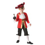 Captain Hook Child Costume, red long sleeve jacket with ruffle shirt inlay and cuffs, black pantaloons and felt hat and hook.