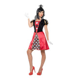 Carded Queen of Hearts Ladies Costume, short dress with heart print insert in bodice and skirt, puffy sleeves, high check print collar, fold out black crown and white gloves.