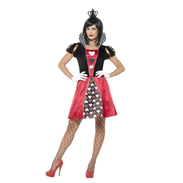 Carded Queen of Hearts Ladies Costume, short dress with heart print insert in bodice and skirt, puffy sleeves, high check print collar, fold out black crown and white gloves.
