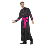 Cardinal Costume - Adult, long black robe with pink trim, hat and necklace.