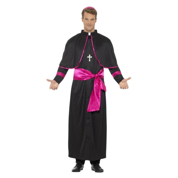 Cardinal Costume - Adult, black robe with pink trim, mock pink belt, pink hat and cross necklace.