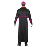 Cardinal Costume - Adult, long black robe with attached short cape, pink trim, mock belt, hat and necklace.