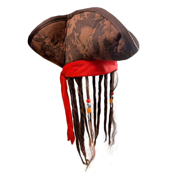 Caribbean Pirate Hat, brown distressed tricorn with attached red bnd and dead look with beads.