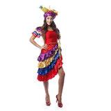 Carmen Miranda Costume - Hire, red, top and skirt with layers of colourful frills, wrap around skirt, midriff top and fruit hat. Sizing 6-12 for ladies.