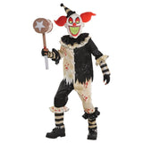 Carnival nightmare child costume in black and cream, shirt and trousers with frills on neck, elbow and knees. Fake blood sprays on costume and scary foam mask with tuffs of red hair.