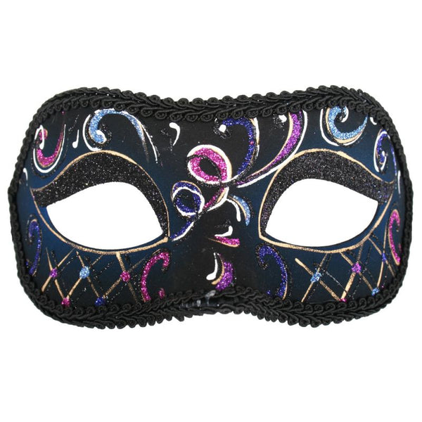 Casablanca Masquerade Mask-Pink & Blue detail on a black base, ties at the back.