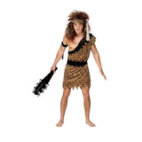 caveman mens costume, leopard print with dark trim, tunic, belt and head sash.
