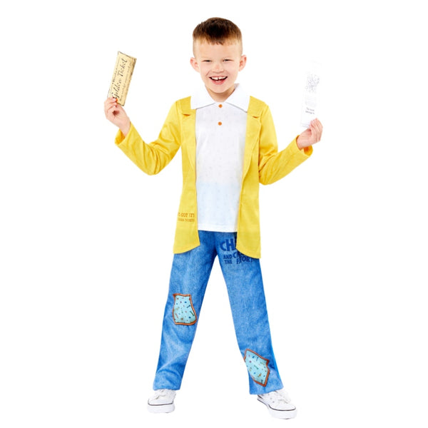 Charlie & The Chocolate Factory Boys Costume, white top with yellow mock jacket, trousers, ticket and bookmark.