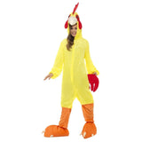 Chicken Adult Costume-Yellow jumpsuit with orange feet, attached hood and tail, unisex.