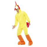 Chicken Adult Costume-Yellow jumpsuit with orange feet, attached hood and tail.