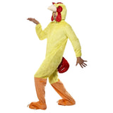 Chicken Adult Costume-Yellow jumpsuit with orange feet, attached hood and tail.