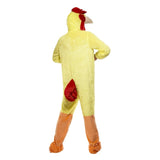 Chicken Adult Costume-Yellow jumpsuit with orange feet, attached hood and tail.