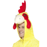 Chicken Adult Costume-Yellow jumpsuit with orange feet, attached hood and tail. hood with face and cone.